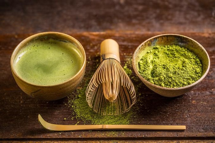 Matcha tea and green tea utensils. 