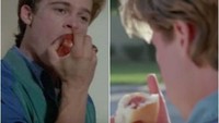 Tahun 1989, Brad Pitt yang kala itu masih muda sudah membintangi film Cutting Class. Di sini ia harus berakting sedang menyantap apel dan hot dog. Foto: istimewa