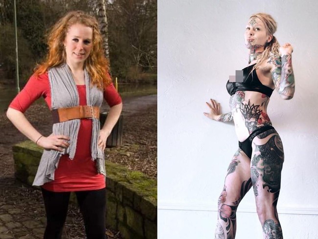 Wanita asal Jerman ini tubuhnya dipenuhi oleh tato. Ada lebih dari 50 tato di tubuh wanita bernama Cigno itu. Penampilannya beberapa tahun silam sebelum mengenal tato sangat berbeda.  Foto: Instagram