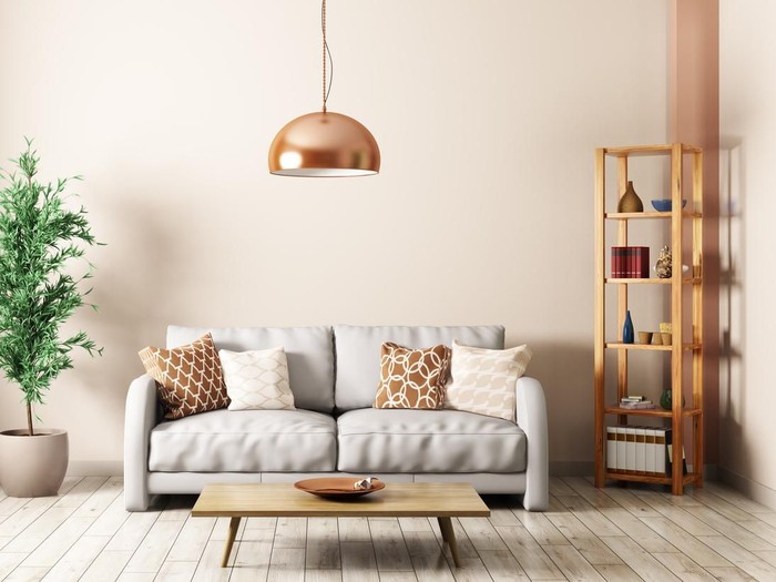 Modern interior of living room with gray sofa, lamp,shelf,coffee table 3d rendering
