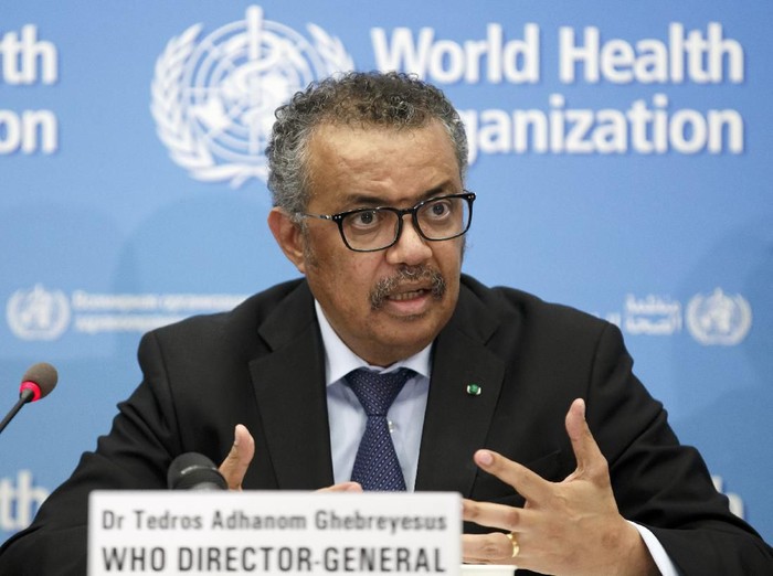 Tedros Adhanom Ghebreyesus, Director General of the World Health Organization (WHO), addresses a press conference about the update on COVID-19 at the World Health Organization headquarters in Geneva, Switzerland, Monday, Feb. 24, 2020. (Salvatore Di Nolfi/Keystone via AP)