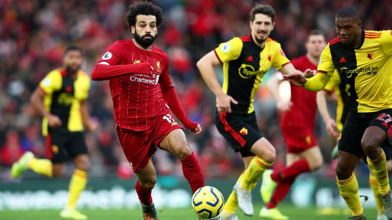 Liverpool vs Watford, Mohamed Salah LIVERPOOL, ENGLAND - DECEMBER 14: Mohamed Salah of Liverpool in action during the Premier League match between Liverpool FC and Watford FC at Anfield on December 14, 2019 in Liverpool, United Kingdom. (Photo by Clive Brunskill/Getty Images)