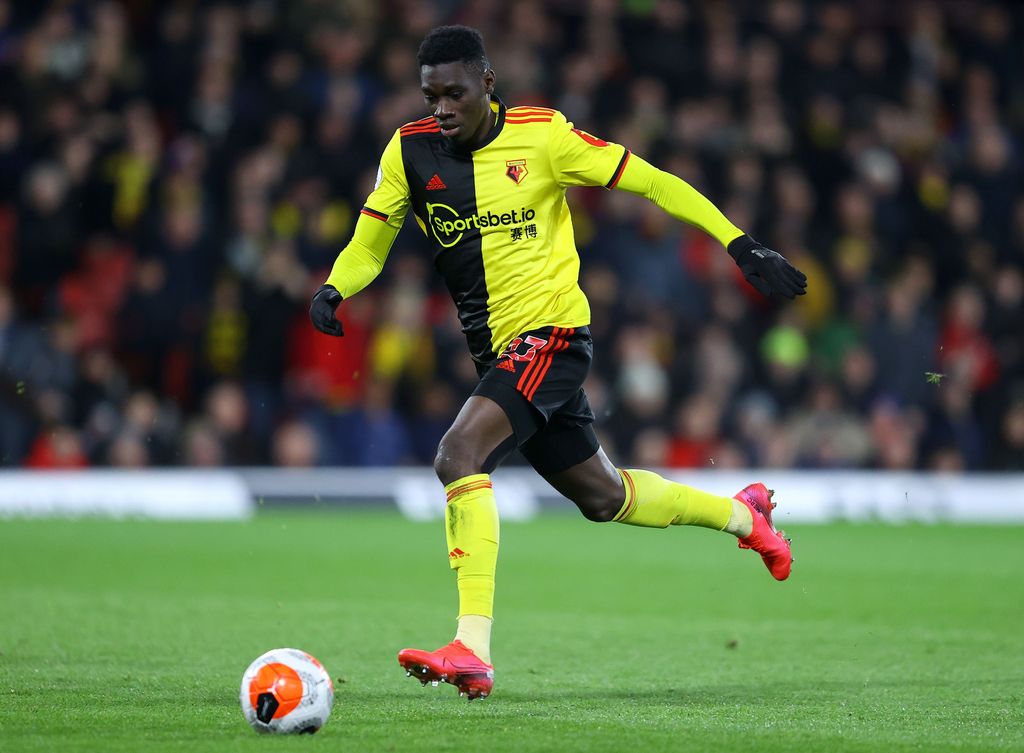 Ismaila Sarr WATFORD, ENGLAND - FEBRUARY 29: Ismaila Sarr of Watford in action during the Premier League match between Watford FC and Liverpool FC at Vicarage Road on February 29, 2020 in Watford, United Kingdom. (Photo by Richard Heathcote/Getty Images)