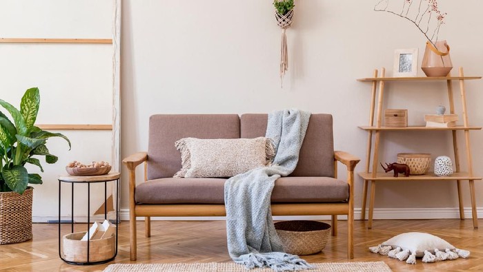 Design scandinavian home interior of living room.Beige wall. Modern home staging. Template. Japandi.