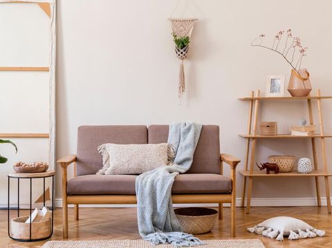 Design scandinavian home interior of living room.Beige wall. Modern home staging. Template. Japandi.