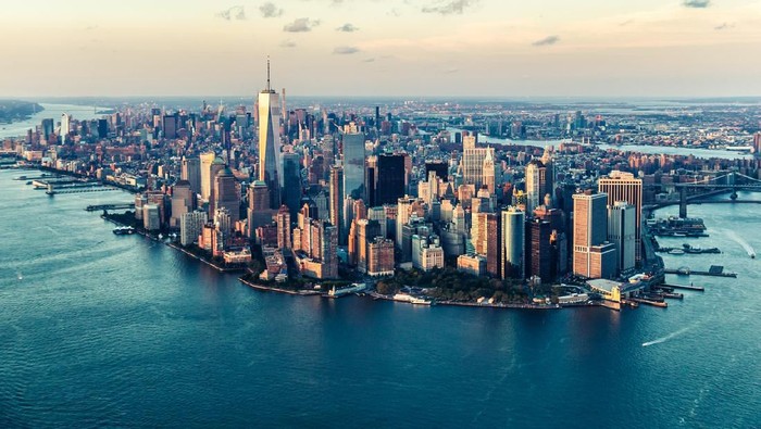 Manhattan Image of the Manhattan skyline at sunset from an elevated angle.