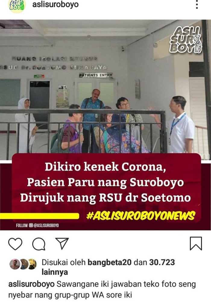 Tangkapan layar Instagram pasien suspect corona