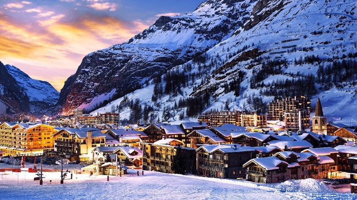 Famous and luxury place of Val dIsere at sunset, Tarentaise, Alps, France