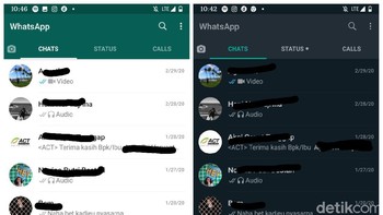 Begini perbandingan WhatsApp dengan tema biasa dan yang tema gelap. Foto: detikINET/Agus Tri Haryanto