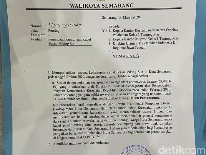 Wali Kota Semarang Hendrar Prihadi menolak kapal pesiar Viking Sun bersandar di Pelabuhan Tanjung Emas, Semarang, Kamis (5/3/2020).