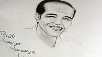 Sketsa hitam putih memperlihatkan Jokowi tersenyum disertai pesan Tetap Semangat Membangun Indonesia.