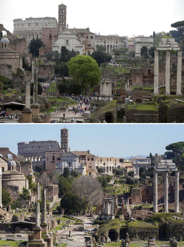 Salah satu situs bersejarah di kawasan Kota Roma ini juga turut terdampak penyebaran virus corona di Italia. Suasana di bangunan bersejarah itu tampak ramai dikunjungi pengunjung pada April 2015 silam, namun kini area tersebut tampak sunyi saat dipotret pada Rabu (11/3/2020) waktu setempat. AP Photo/Gregorio Borgia/Andrew Medichini. Salah satu situs bersejarah di kawasan Kota Roma ini juga turut terdampak penyebaran virus corona di Italia. Suasana di bangunan bersejarah itu tampak ramai dikunjungi pengunjung pada April 2015 silam, namun kini area tersebut tampak sunyi saat dipotret pada Rabu (11/3/2020) waktu setempat. AP Photo/Gregorio Borgia/Andrew Medichini.