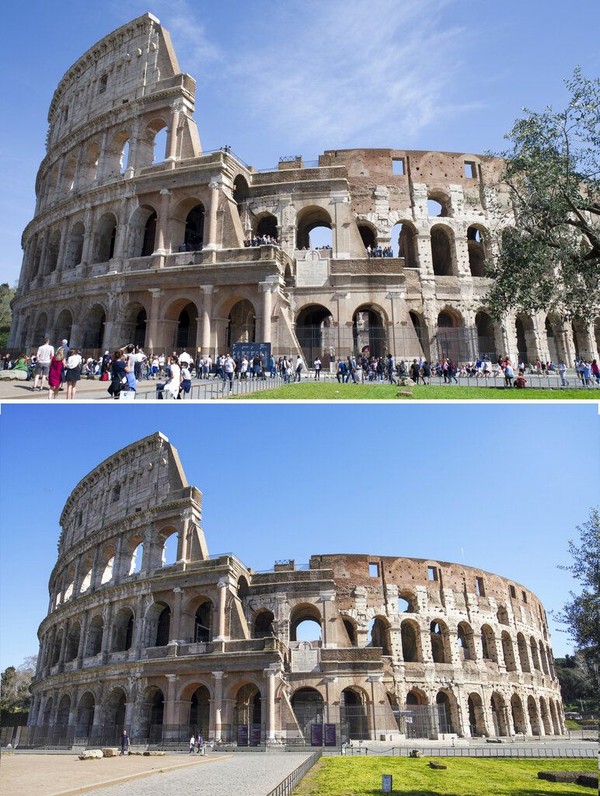 Pemandangan kontras juga terlihat di Colosseum, Roma, Italia. Sejumlah wisatawan tampak mendatangi bangunan prasejarah itu pada April 2018 lalu. Namun, kini menyusul kebijakan pencegahan penyebaran virus corona yang dilakukan oleh pemerintah Italia, suasana di sekitar Colosseum tampak sepi saat dipotret pada Rabu (11/3/2020) waktu setempat. AP Photo/Virginia Mayo, Andrew Medichini.