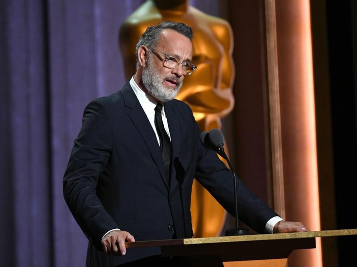 HOLLYWOOD, CALIFORNIA - OCTOBER 27: Tom Hanks speaks onstage during the Academy Of Motion Picture Arts And Sciences 11th Annual Governors Awards at The Ray Dolby Ballroom at Hollywood & Highland Center on October 27, 2019 in Hollywood, California. (Photo by Kevin Winter/Getty Images)