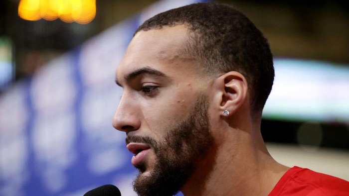 CHICAGO, ILLINOIS - FEBRUARY 15: Rudy Gobert of the Utah Jazz speaks to the media during 2020 NBA All-Star - Practice & Media Day at Wintrust Arena on February 15, 2020 in Chicago, Illinois. NOTE TO USER: User expressly acknowledges and agrees that, by downloading and or using this photograph, User is consenting to the terms and conditions of the Getty Images License Agreement. (Photo by Jonathan Daniel/Getty Images)