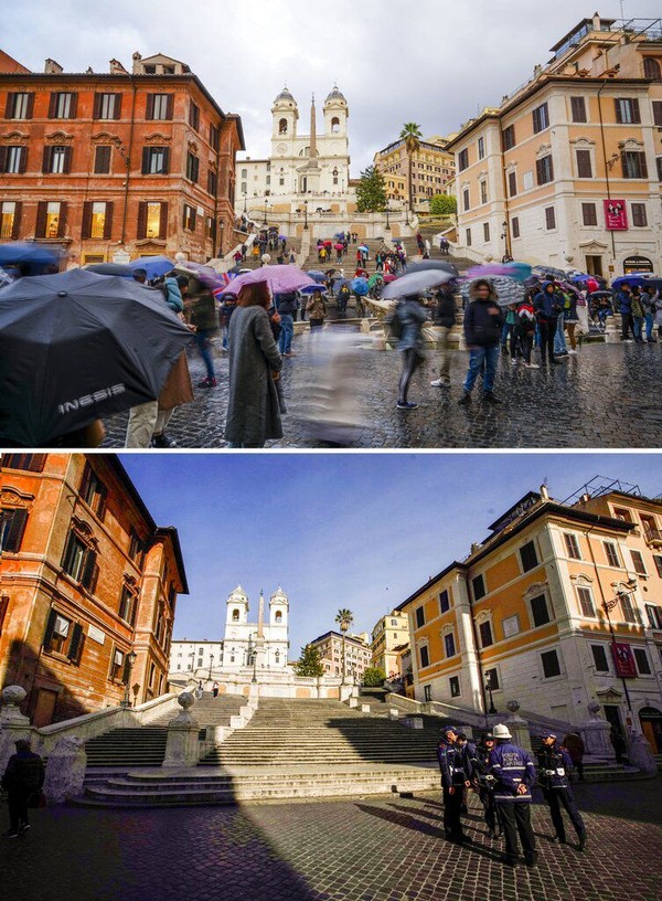 Spanish Step jadi salah satu landmark yang cukup populer di Kota Roma, Italia. Warga maupun turis ramai mengunjungi kawasan itu saat dipotret pada 14 November 2019 silam. Namun, keramaian itu tak tampak lagi saat landmark Spanish Step dipotret pada Selasa (10/3/2020) kemarin. AP Photo/Andrew Medichini. Spanish Step jadi salah satu landmark yang cukup populer di Kota Roma, Italia. Warga maupun turis ramai mengunjungi kawasan itu saat dipotret pada 14 November 2019 silam. Namun, keramaian itu tak tampak lagi saat landmark Spanish Step dipotret pada Selasa (10/3/2020) kemarin. AP Photo/Andrew Medichini.