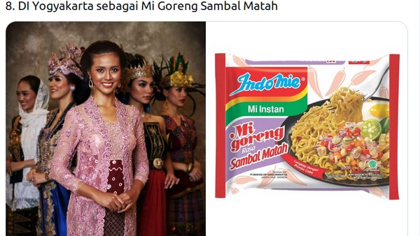 Baju daerah Ervina Nathasia dari Yogyakarta dicocokkan dengan mi goreng sambel matah. (Twitter @mmaryasir)