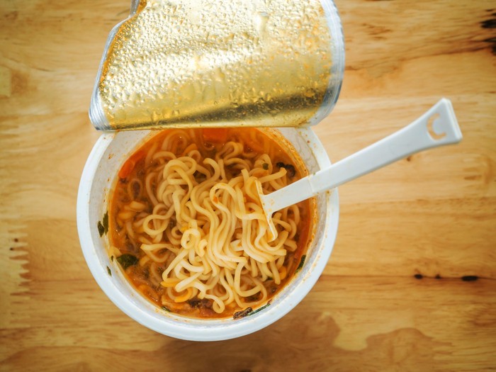 Top view of cup of instant noodle ready to eat