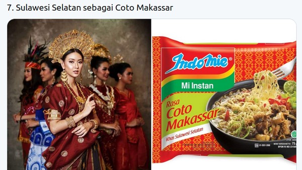Busana Sulawesi Selatan yang dikenakan Karina Pricilla Widjaja disamakan dengan Indomie rasa coto Makassar (Twitter @mmaryasir)