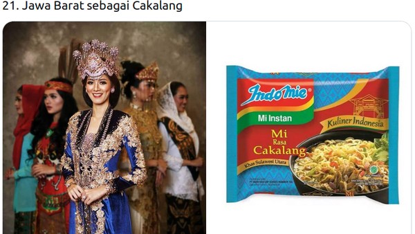 Pakaian adat finalis Putri Indonesia dari Jabar Jeanatasia Kurniasari disamakan dengan varian mi goreng cakalang. (Twitter @mmaryasir)