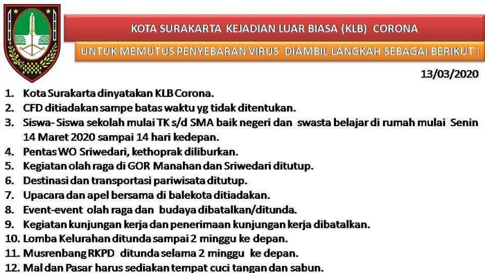 Solo KLB Corona, Sabtu (14/3/2020).
