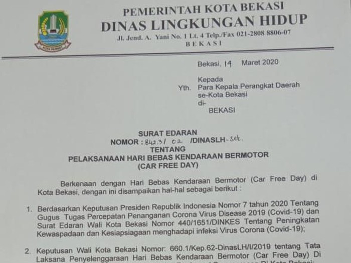 Cegah Penyebaran Corona, Pemkot Bekasi Tiadakan Sementara Car Free Day