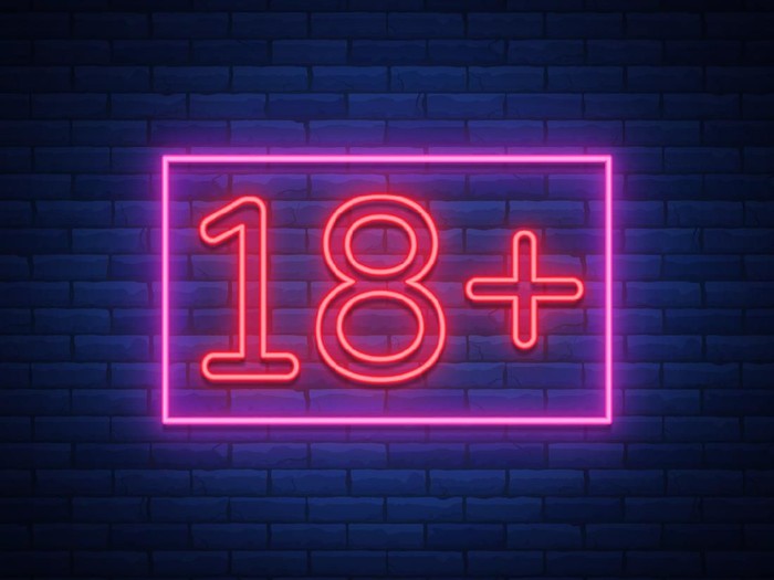 Eighteen plus, age limit, sign in neon style. Only for adults. Night bright neon sign, symbol 18 plus. Vector Illustration.