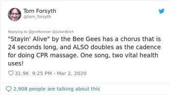 Selain buat cuci tangan, lagu Bee Gees ini terkenal banget buat Cardiopulmonary resuscitation (CPR). Foto: Twitter via Bored Panda