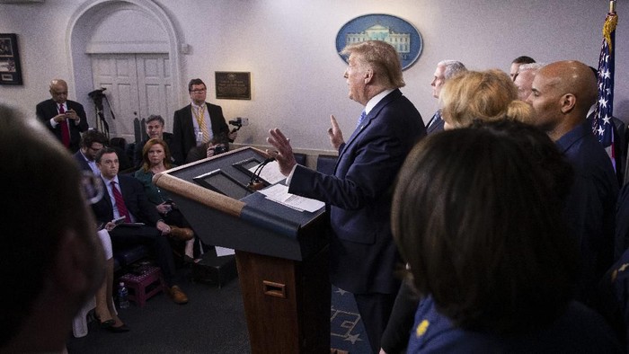 President Donald Trump speaks during a briefing about the coronavirus in the James Brady Press Briefing Room of the White House, Sunday, March 15, 2020, in Washington. (AP Photo/Alex Brandon)