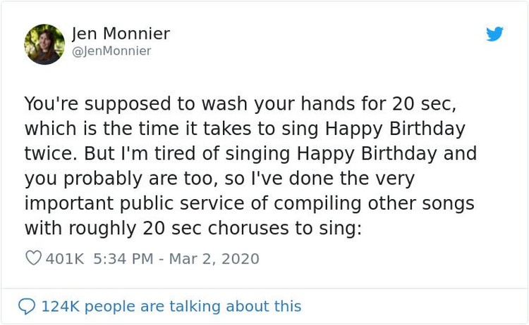 Bye Corona! Netizen Cuci Tangan 20 Detik Sambil Nyanyi Deretan Lagu Ini Di tengah merebaknya COVID-19 atau virus corona, netizen punya trik untuk semangat cuci tangan: sambil menyanyikan deretan lagu berikut yang pas 20 detik.
