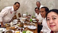 Momen kuliner Menhub Budi Karya bersama dengan pejabat dapat dilihat dari foto ini. Bahkan tampak ada Presiden Jokowi dan Puan Maharani yang ikut serta. Tersedia banyak makanan yang dihidangkan di meja, tetapi agaknya Budi Karya menyukai hidangan yang diolah dari jantung pisang. Foto: Instagram @budikaryas