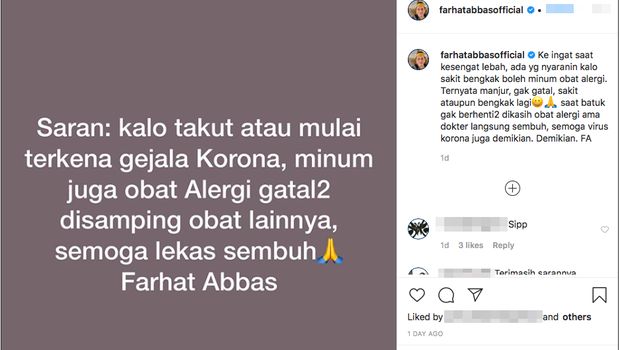 Postingan Farhat Abbas soal obat alergi untuk virus corona.