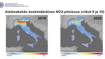 Perbandingan kadar NO2 di Italia utara tahun 2019 dan 2020. Foto: Ilmatieteen laitos  