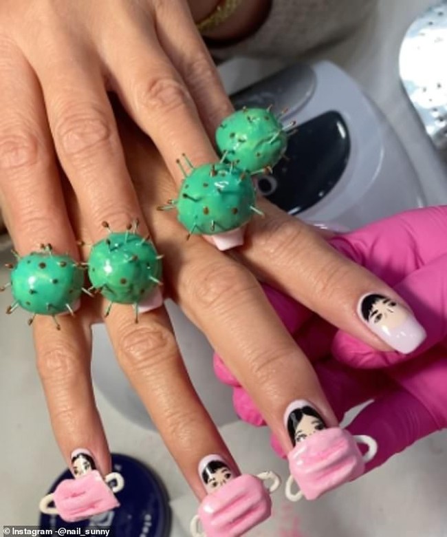 Salon kuku Nail Sunny yang terkenal kerap membuat nail art-nail art unik membuat dengan bentuk virus 3D. Bagian ujung kuku dibuat seperti orang menggunakan masker medis.  Foto: Instagram