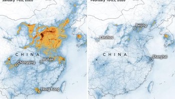 Perbandingan tingkat polusi di China pada Januari dan Februari. Foto: NASA  