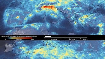 Perbandungan tingkat polusi pada Januari dan MAret di Eropa. Foto: ESA  