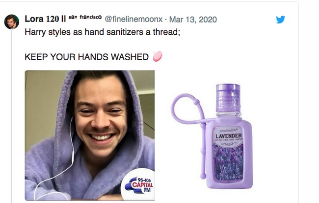 Harry Styles kalau jadi hand sanitizer beraroma lavender, akan seperti ini rupanya. Foto: Twitter