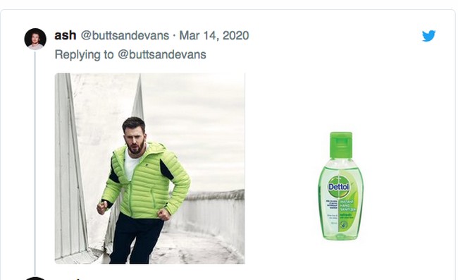 Sejumlah netizen membuat meme yang membandingkan, seperti apa jika selebriti jadi produk hand sanitizer. Netizen dengan akun @buttsandevans ini membuat meme ketika Chris Evans jadi hand sanitizer merek Dettol. Foto: Twitter