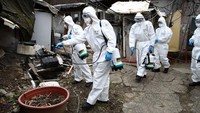 Kawasan kumuh Guryong yang berada di Seoul, Korea Selatan, turut disemprotkan disinfektan. Kegiatan penyemprotan disinfektan secara masif hingga ke berbagai sudut kota dan wilayah itu dilakukan untuk memutus rantai penyebaran COVID-19 di Negeri Ginseng. Foto: Getty Images/Chung Sung-Jun