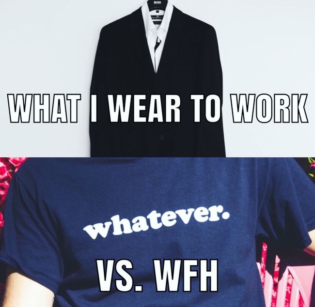 Salah satu hal terbaik saat work from home adalah bebas mengenakan pakaian apa saja. Foto: meme work from home