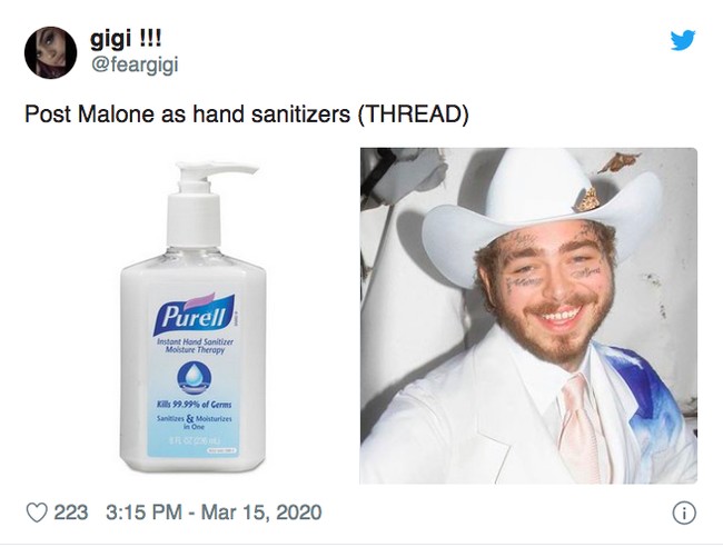 Post Malone dengan setelan warna putih dan percikan cat warna buru di bahu, sangat mirip dengan hand sanitizer Purell ini. Foto: Twitter