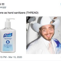 Post Malone dengan setelan warna putih dan percikan cat warna buru di bahu, sangat mirip dengan hand sanitizer Purell ini. Foto: Twitter