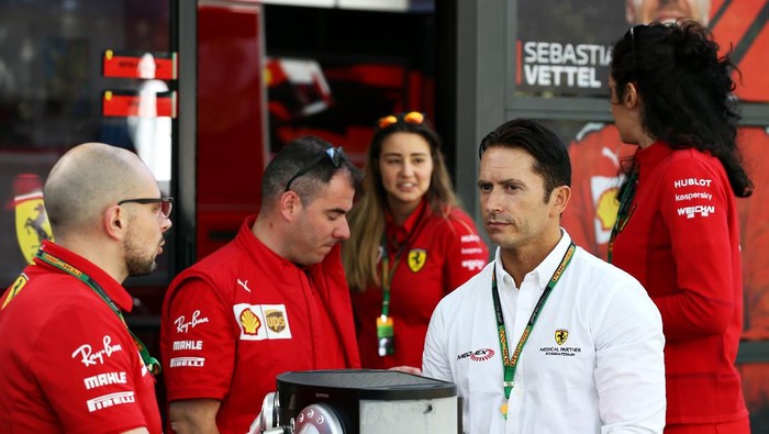 MELBOURNE, AUSTRALIA - MARCH 12: A MedEx employee is seen outside the Ferrari hospitality area in the Paddock during previews ahead of the F1 Grand Prix of Australia at Melbourne Grand Prix Circuit on March 12, 2020 in Melbourne, Australia. (Photo by Charles Coates/Getty Images)