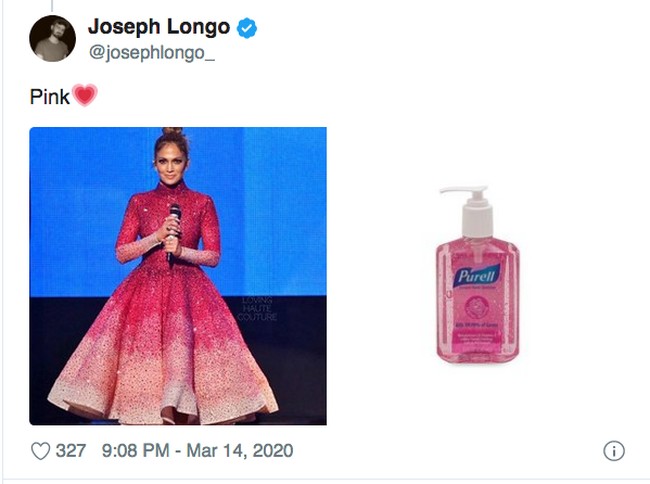 Jennifer Lopez yang mengenakan gaun magenta bergradasi putih, disamakan dengan hand sanitizer Purell. Wah, memang mirip ya! Foto: Twitter