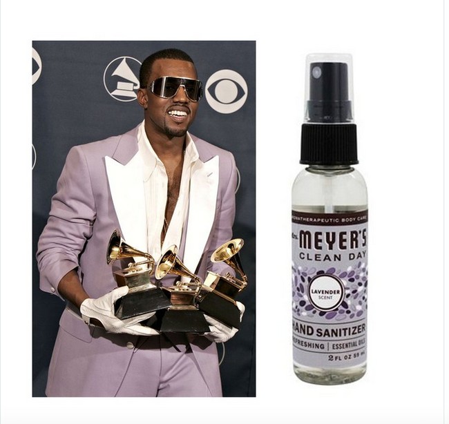 Kanye West dengan hand sanitizer Meyers, seperti pinang dibelah dua. Foto: Twitter