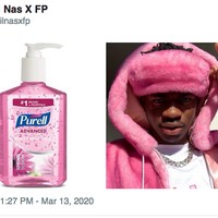 Rapper Lil Nas dan hand sanitizer Purell warna pink. Mirip banget! Foto: Twitter