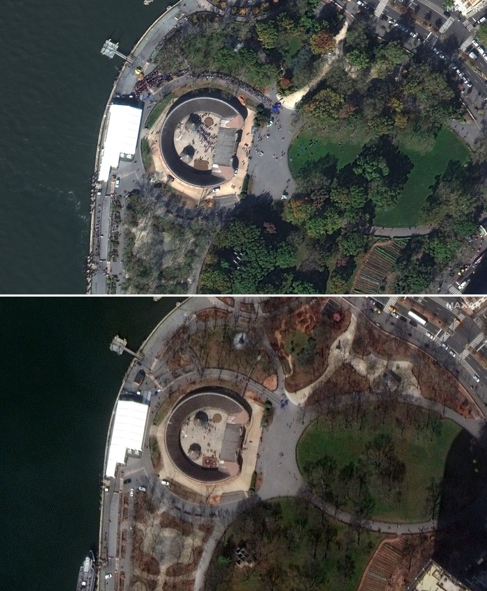 Foto citra satelit dari Maxar Technologies memperlihatkan suasana sebuah kota sebelum dan sesudah pandemi corona di sejumlah negara.