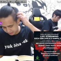YouTuber Andovi da Lopez melakukan cara unik untuk melakukan penggalangan dana terkait perlawanan terhadap virus Corona. Andovi membaca isi KBBI (Kamus Besar Bahasa Indonesia) sampai tuntas. Aksi membaca KBBI itu dilakukan Andovi secara live dengan disiarkan langsung melalui channel YouTube-nya, SkinnyIndonesian24. Membaca isi KBBI selama 14 jam nonstop, Andovi berhasil mengumpulkan  Rp 200 juta yang nantinya uang tersebut akan dibelikan alat sanitasi untuk para tenaga kesehatan yang menjadi garda terdepan dalam penanganan virus Corona ini. Foto: Dok. Youtube