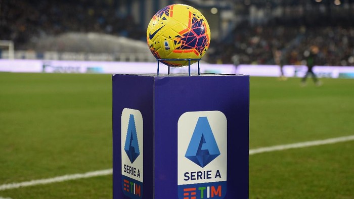 FERRARA, ITALY - FEBRUARY 22:  A official ball of serie A is displayed during the Serie A match between SPAL and  Juventus at Stadio Paolo Mazza on February 22, 2020 in Ferrara, Italy.  (Photo by Pier Marco Tacca/Getty Images)