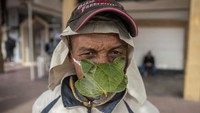 Begini penampakan Abderrahim (55), seorang pedagang kaki lima yang mengenakan masker unik dari daun mint.